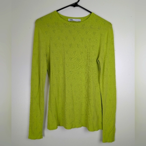 Zara Womens Top Medium Green Knit Long Sleeve Heart Pointelle‎ Pullover - Picture 1 of 7